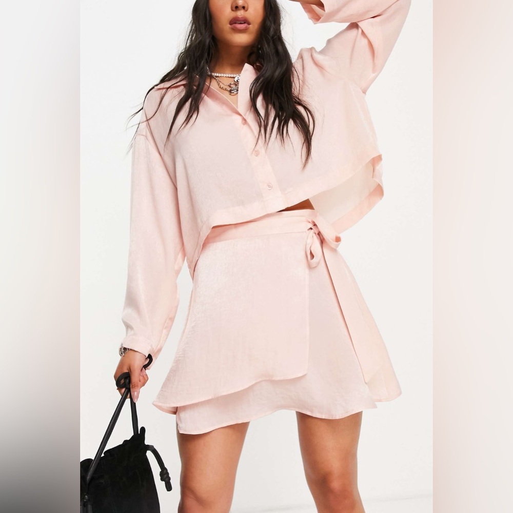 Top Shop MATCHING SET! Cropped button blouse with mini wrap skirt (pink) size 10